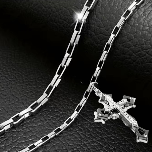 Men’s Diamond Grey & Silver Toned Cross Necklace - Picture 2 of 2